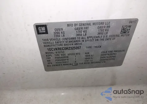 2017 Chevrolet Silverado 1500 2Lt z USA, uszkodzony, nr VIN 1GCVKREC0HZ325097